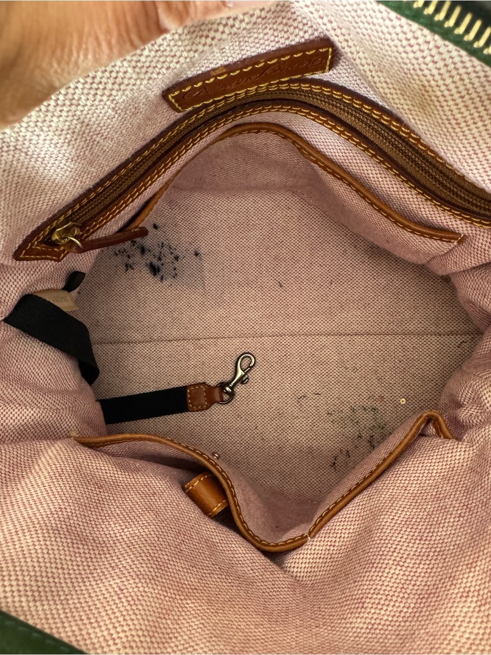Dooney & Bourke Black Pebbled Leather Satchel with Brown Trim and Brass Hardware - Picture 5 of 11